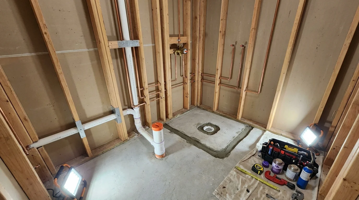Bathroom rough-in plumbing during remodel by Johns Plumbing LLC in Lonsdale