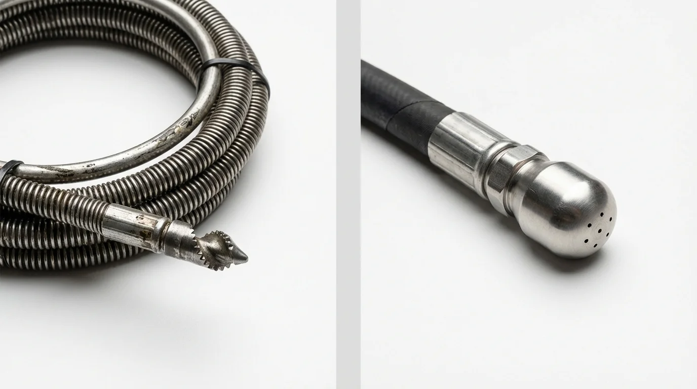 Drain snake cable and hydro jetting nozzle used for drain cleaning in Lonsdale, MN