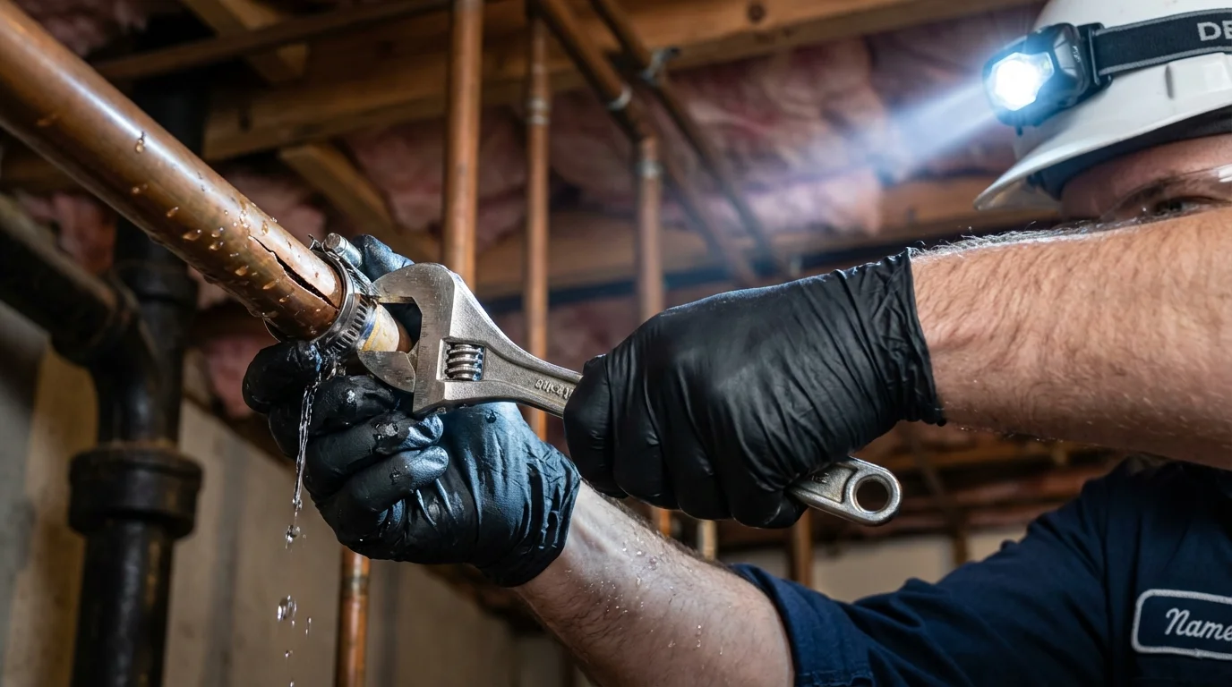 Emergency pipe clamp repair being performed by a Johns Plumbing LLC plumber in Lonsdale