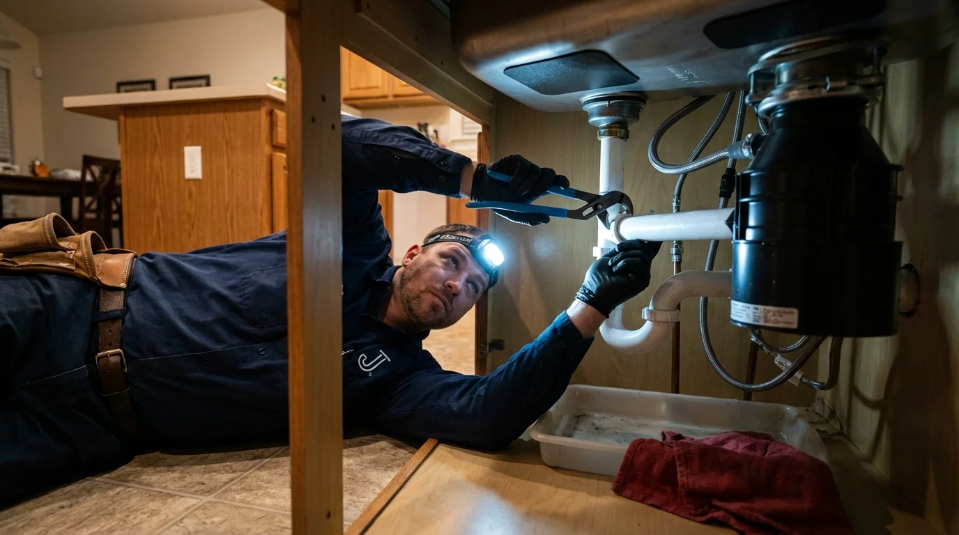 P-trap and supply line connections under a kitchen sink showing a common leak point in Lonsdale, MN